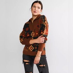 BKE Western Pullover Sweate 3/4‎ Zip Women’s Size Large Boho Aztec Brown Soft